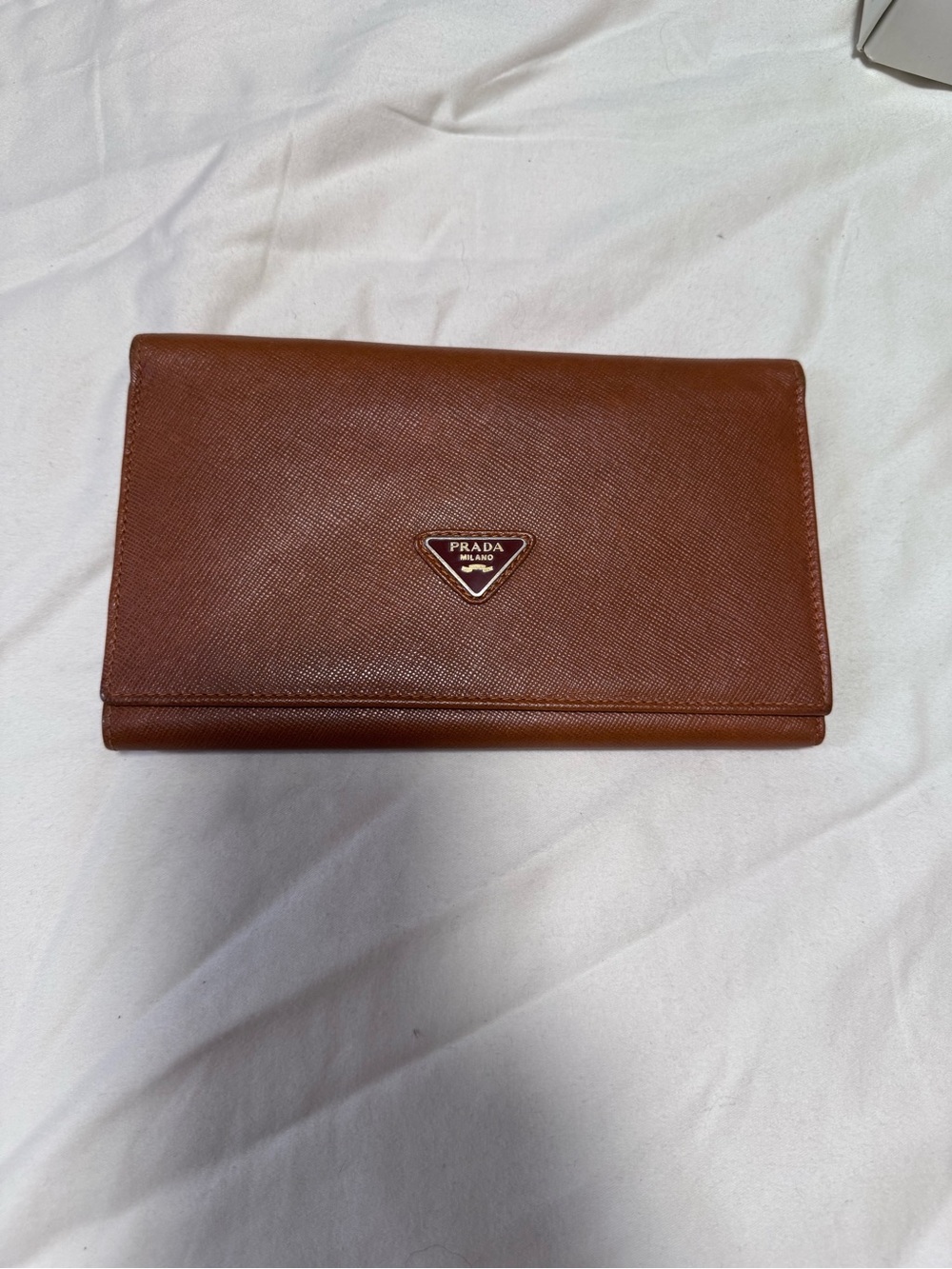 Prada Brown Saffiano Continental Wallet with Gold Triangle Logo